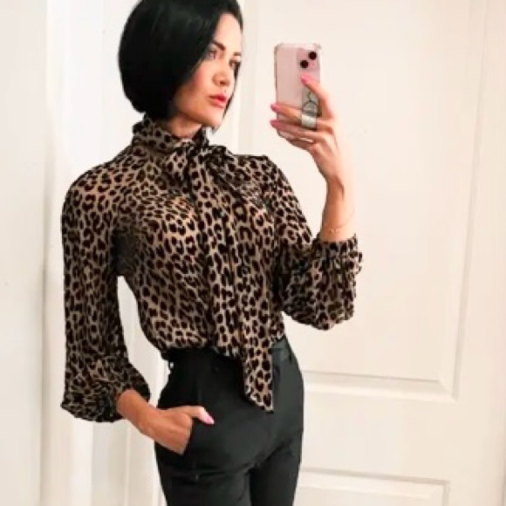 Kate Spade Leopard Blouse Tie Neck Long Sleeve Button Front Silk Blend Large - Picture 5 of 10